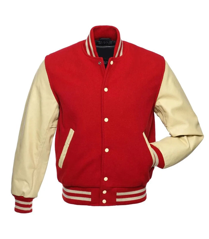 Red and cream varsity jacket with striped cuffs and collar, customizable team letterman style