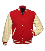 Red and cream varsity jacket with striped cuffs and collar, customizable team letterman style