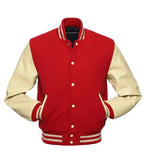 Red varsity jacket with cream sleeves, striped cuffs, and collar, button-front design