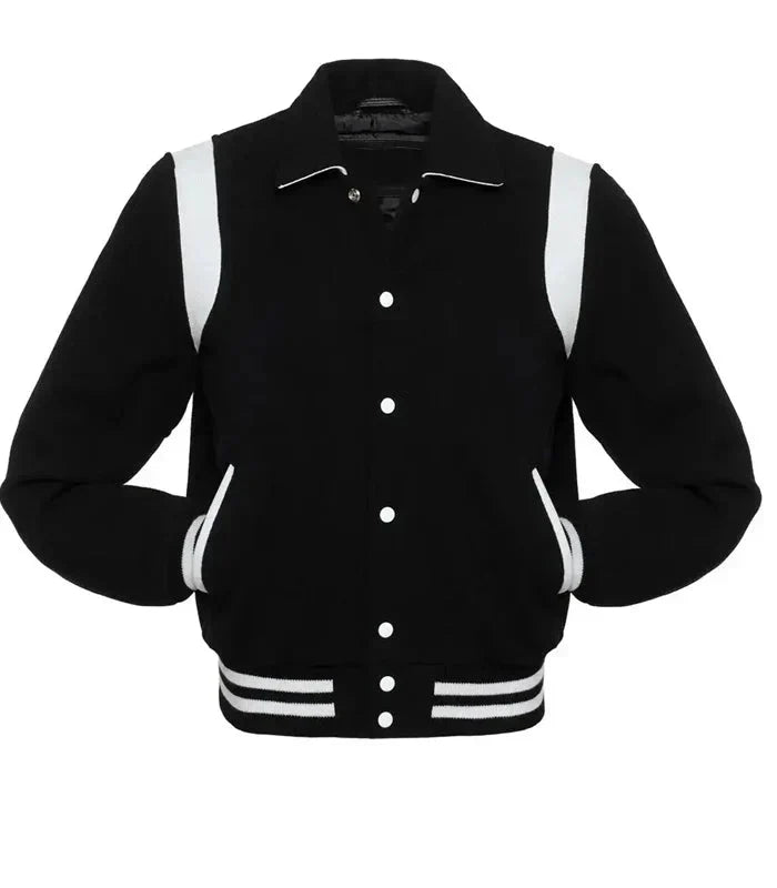Black and white letterman jacket front view featuring contrast panels, button closure, and traditional baseball style design.