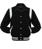Black and white letterman jacket front view featuring contrast panels, button closure, and traditional baseball style design.