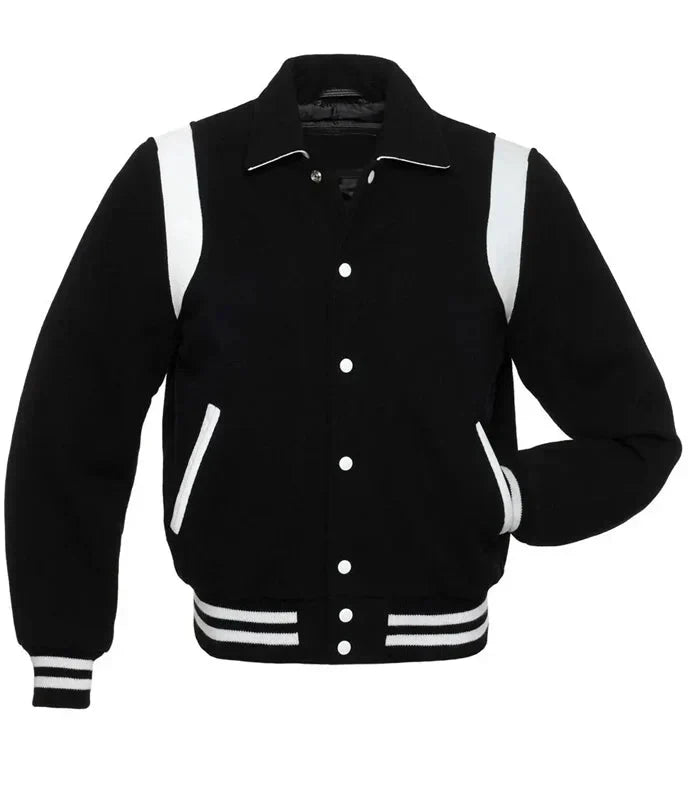 Black and white classic varsity jacket front view with snap button closure, contrast shoulder panels, and striped ribbed hem.