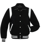 Black and white classic varsity jacket front view with snap button closure, contrast shoulder panels, and striped ribbed hem.