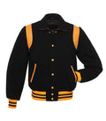 Front view of a black wool varsity jacket with gold leather shoulder inserts, a shirt-style collar, and yellow striped ribbing on the waist and cuffs.