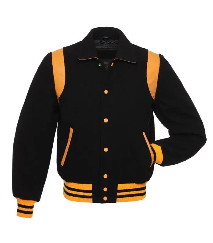 Front view of a black wool varsity jacket with gold leather shoulder inserts, a shirt-style collar, and yellow striped ribbing on the waist and cuffs.
