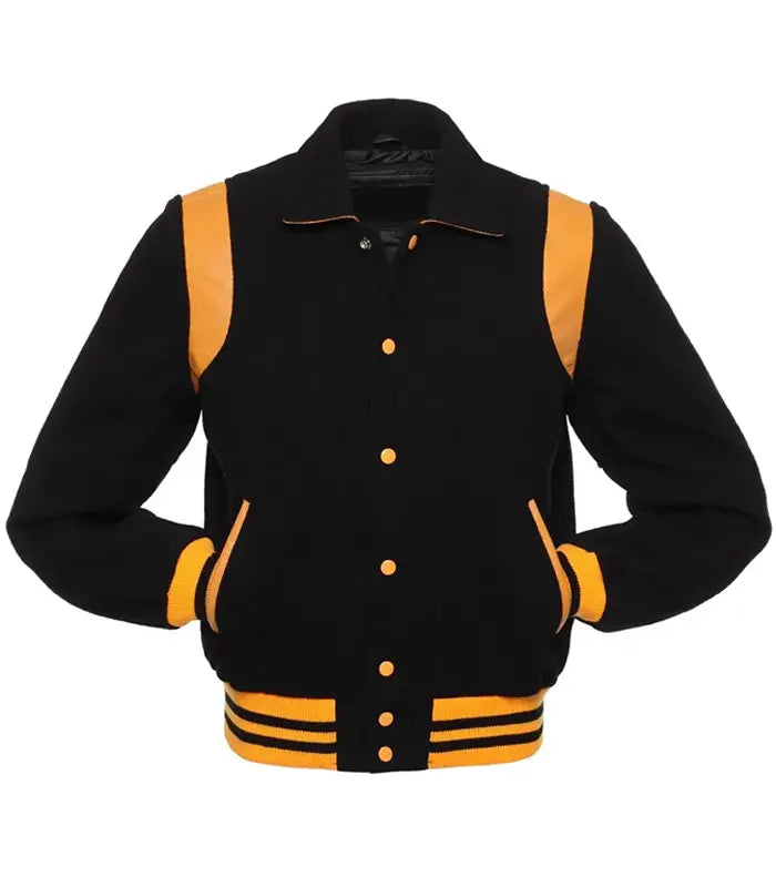 Front view of a retro black wool varsity jacket with gold leather shoulder inserts, a shirt-style collar, and yellow striped ribbing on the waist and cuffs.