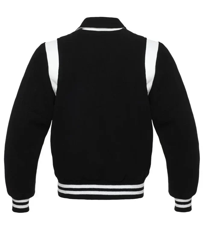 Black and white varsity jacket back view with clean panel design, ribbed waistband, and classic letterman silhouette.