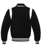 Black and white varsity jacket back view with clean panel design, ribbed waistband, and classic letterman silhouette.