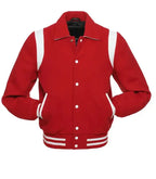 Red and white letterman jacket front view featuring contrast panels, button closure, and traditional baseball style design.