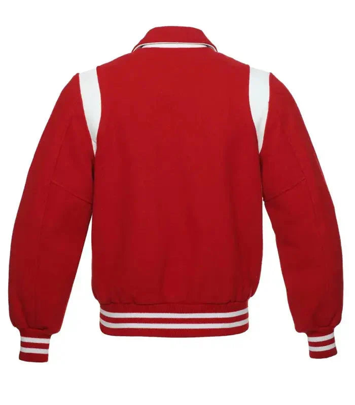 Red and white varsity jacket back view with clean panel design, ribbed waistband, and classic letterman silhouette.