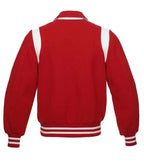 Red and white varsity jacket back view with clean panel design, ribbed waistband, and classic letterman silhouette.