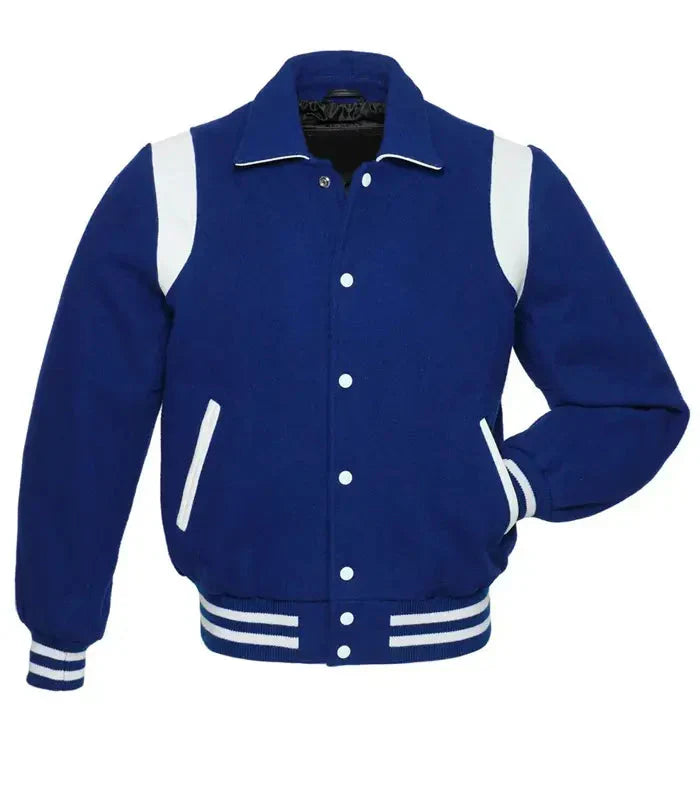 Retro Blue and white classic varsity jacket front view with snap button closure, contrast shoulder panels, and striped ribbed hem.