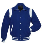 Retro Blue and white classic varsity jacket front view with snap button closure, contrast shoulder panels, and striped ribbed hem.