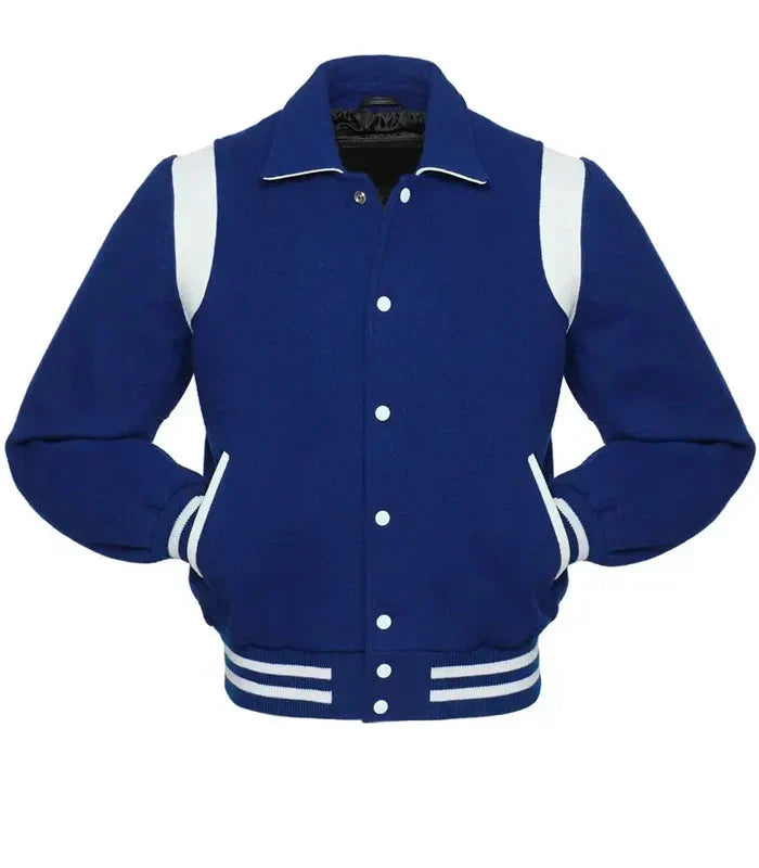 Blue and white letterman jacket front view featuring contrast panels, button closure, and traditional baseball style design.
