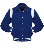 Blue and white letterman jacket front view featuring contrast panels, button closure, and traditional baseball style design.