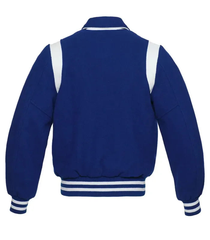 Blue and white varsity jacket back view with clean panel design, ribbed waistband, and classic letterman silhouette.