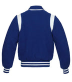 Blue and white varsity jacket back view with clean panel design, ribbed waistband, and classic letterman silhouette.
