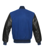 Blue varsity jacket with black leather sleeves, ribbed collar, and striped cuffs for custom team wear