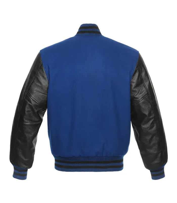 Blue varsity jacket with black leather sleeves, ribbed collar, and striped cuffs for custom team wear