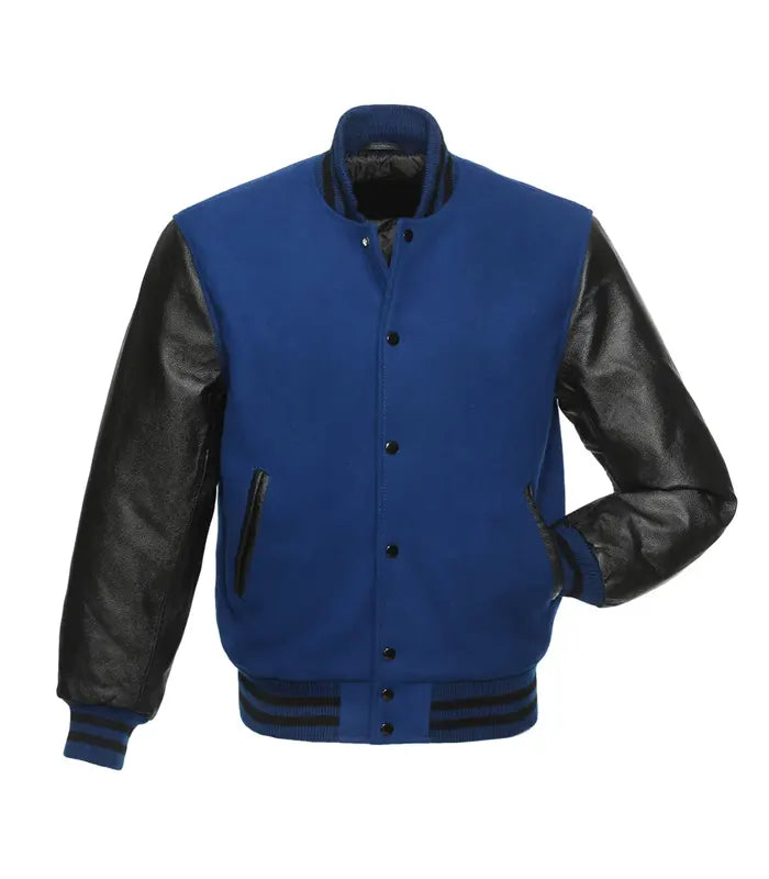 Blue varsity jacket with black leather sleeves, front pockets, and ribbed cuffs for team or custom wear