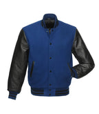 Blue varsity jacket with black leather sleeves, front pockets, and ribbed cuffs for team or custom wear