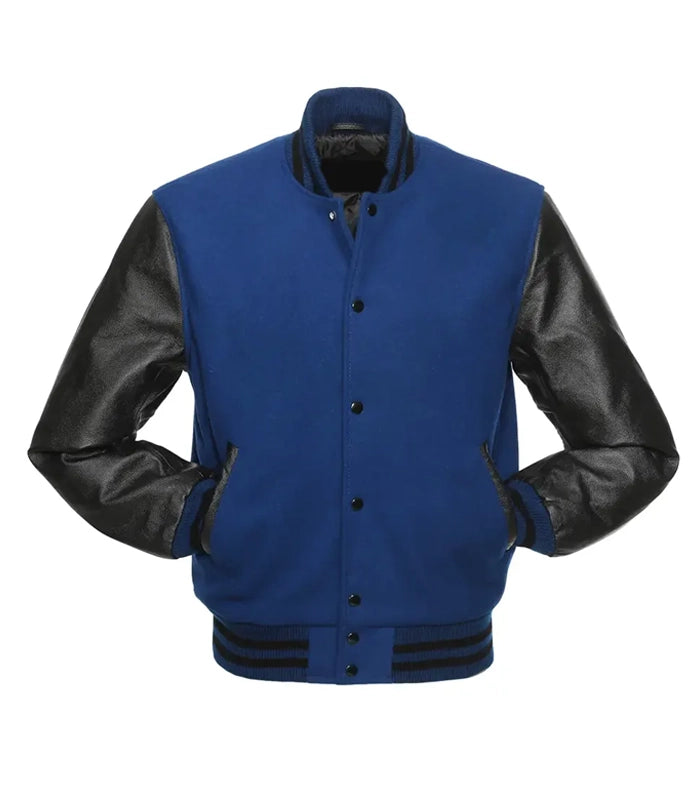 Royal blue varsity jacket with black leather sleeves, button front, and striped cuffs