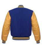 Blue and gold varsity jacket with leather sleeves and striped cuffs, back view