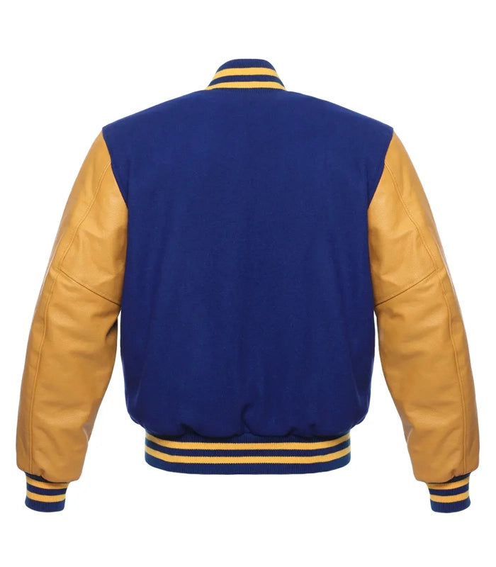 Blue and gold varsity jacket with leather sleeves and striped cuffs, back view