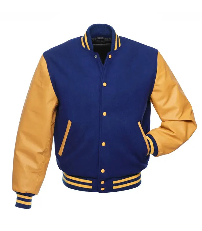 Blue and gold varsity jacket with leather sleeves, ribbed cuffs, and front pockets