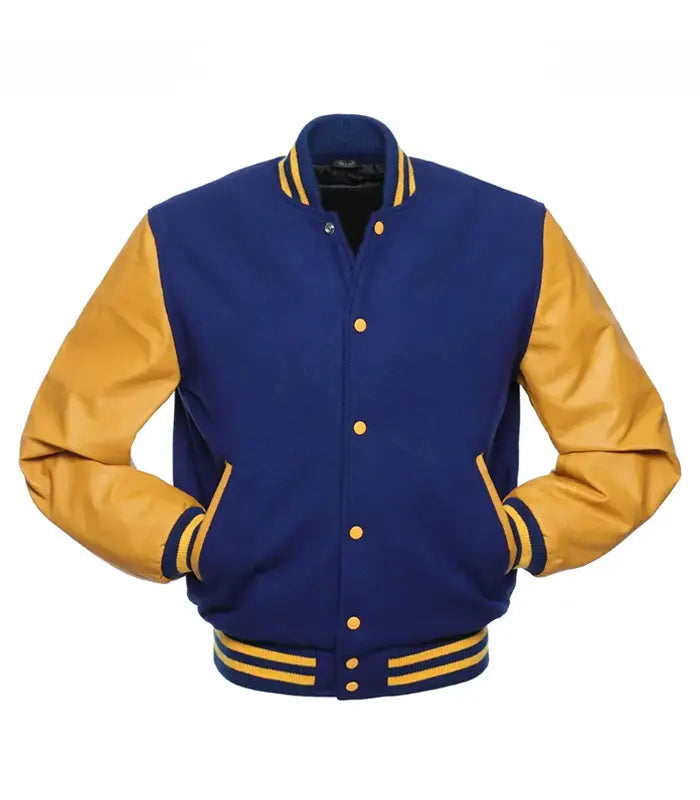 Blue and gold varsity jacket with leather sleeves, ribbed cuffs, and button front