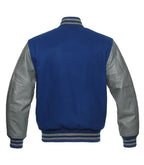 Blue varsity jacket with gray leather sleeves and striped cuffs, back view