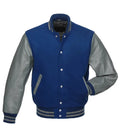 Royal blue varsity jacket with gray leather sleeves, striped cuffs, and front pockets