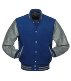 Royal blue varsity jacket with gray leather sleeves and striped trim, customizable for teams or individuals