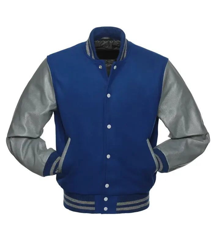 Royal blue varsity jacket with gray leather sleeves and striped trim, customizable for teams or individuals