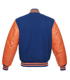 Blue varsity jacket with orange leather sleeves and striped cuffs, back view
