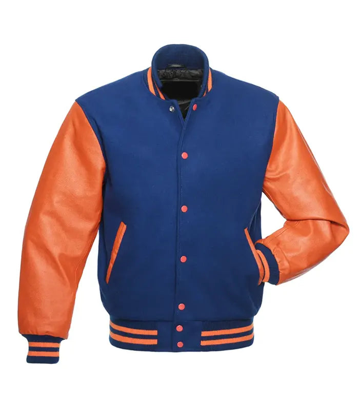 Blue and orange varsity jacket with leather sleeves, button front, and striped cuffs