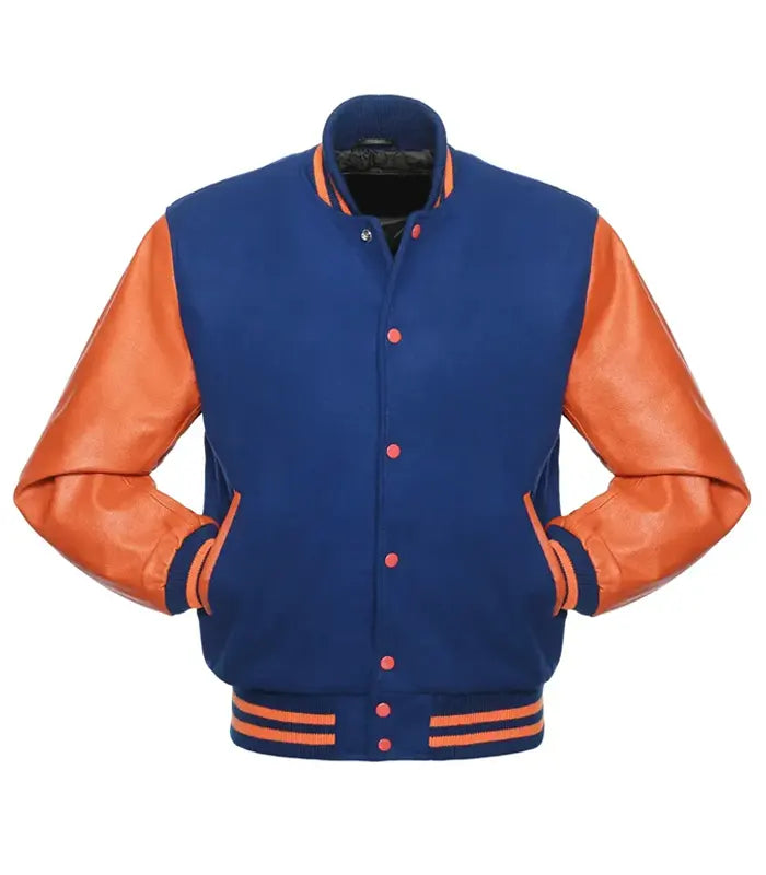 Blue and orange varsity jacket with leather sleeves, snap buttons, and striped trim for team or custom wear