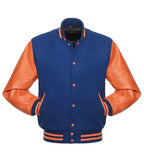Blue and orange varsity jacket with leather sleeves, snap buttons, and striped trim for team or custom wear