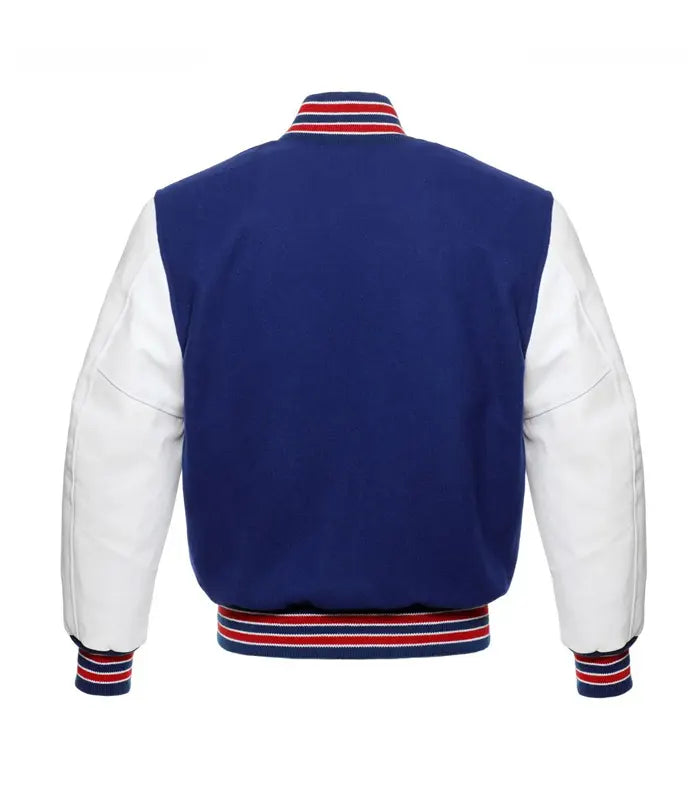 Blue and white varsity jacket with red and white striped cuffs and collar, back view