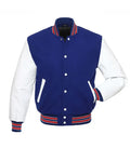 Royal blue and white varsity jacket with red and white striped trim, button front, and side pockets