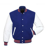 Royal blue and white varsity jacket with red and white striped trim, button front, and side pockets