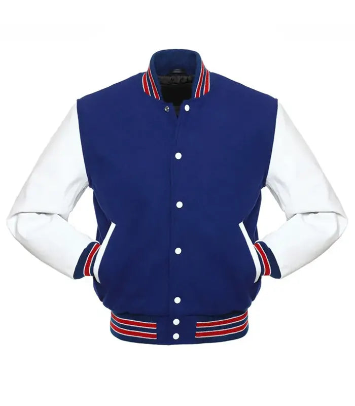 Blue and white varsity jacket with red and white striped trim, customizable team letterman style
