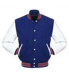 Blue and white varsity jacket with red and white striped trim, customizable team letterman style