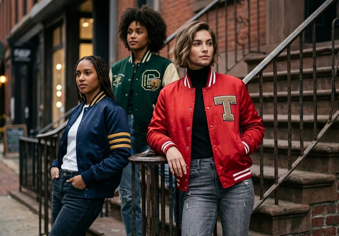Three women wearing colorful satin varsity jackets while posing on city brownstone steps.