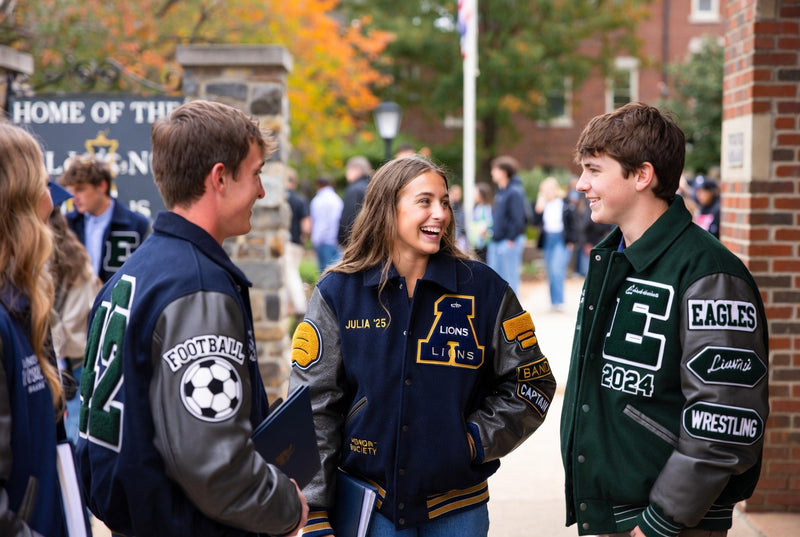 Students wearing custom varsity jackets and talking together on a school campus walkway.