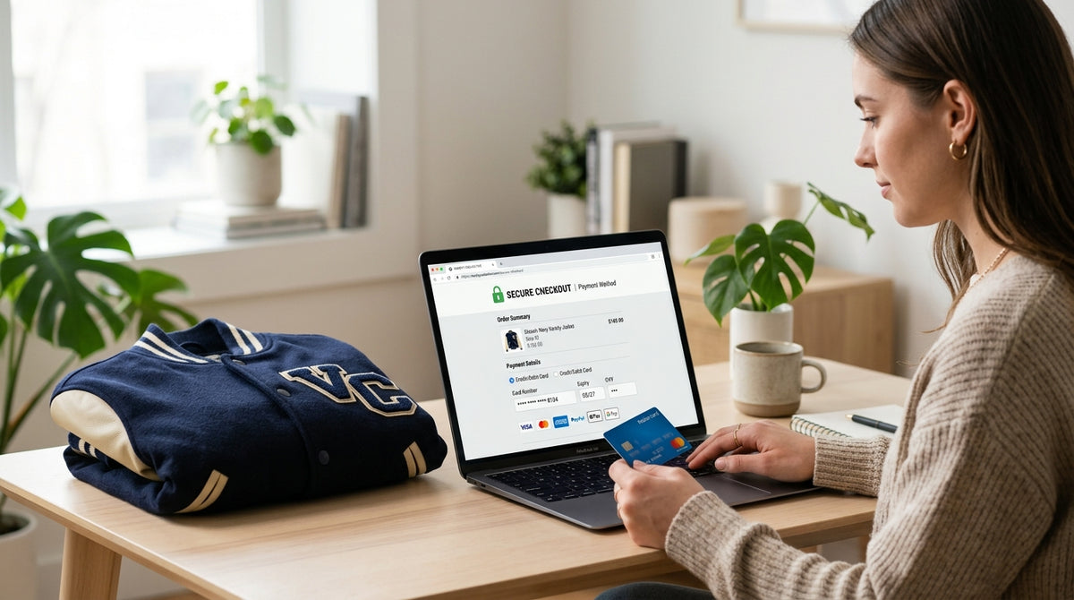 A woman completes a secure online checkout for a custom varsity jacket on her laptop, holding a credit card, with a folded navy varsity jacket beside her.