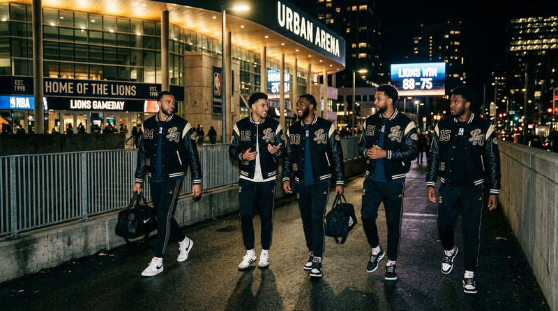 Basketball team wearing matching varsity jackets while walking outside a lit arena at night.