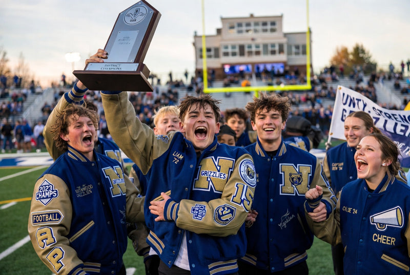 Team members in blue varsity jackets celebrating with a trophy on a football field.