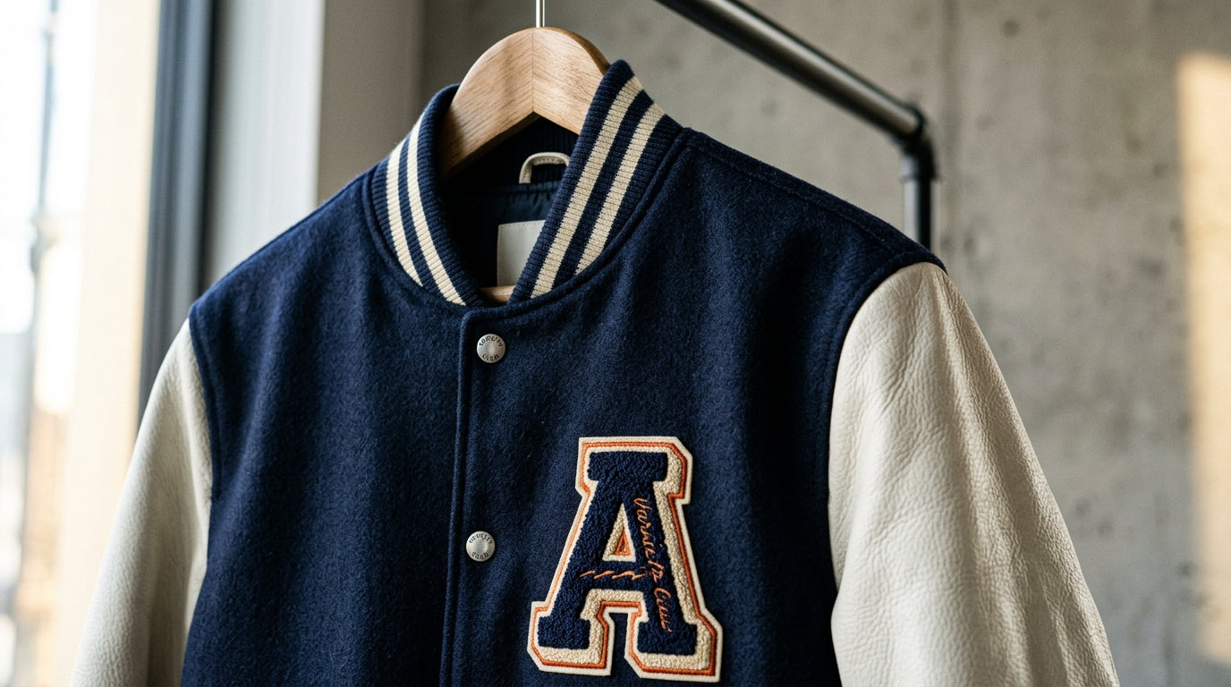Premium navy wool varsity jacket with cream leather sleeves and "A" patch hanging on a wooden hanger for proper storage and care.