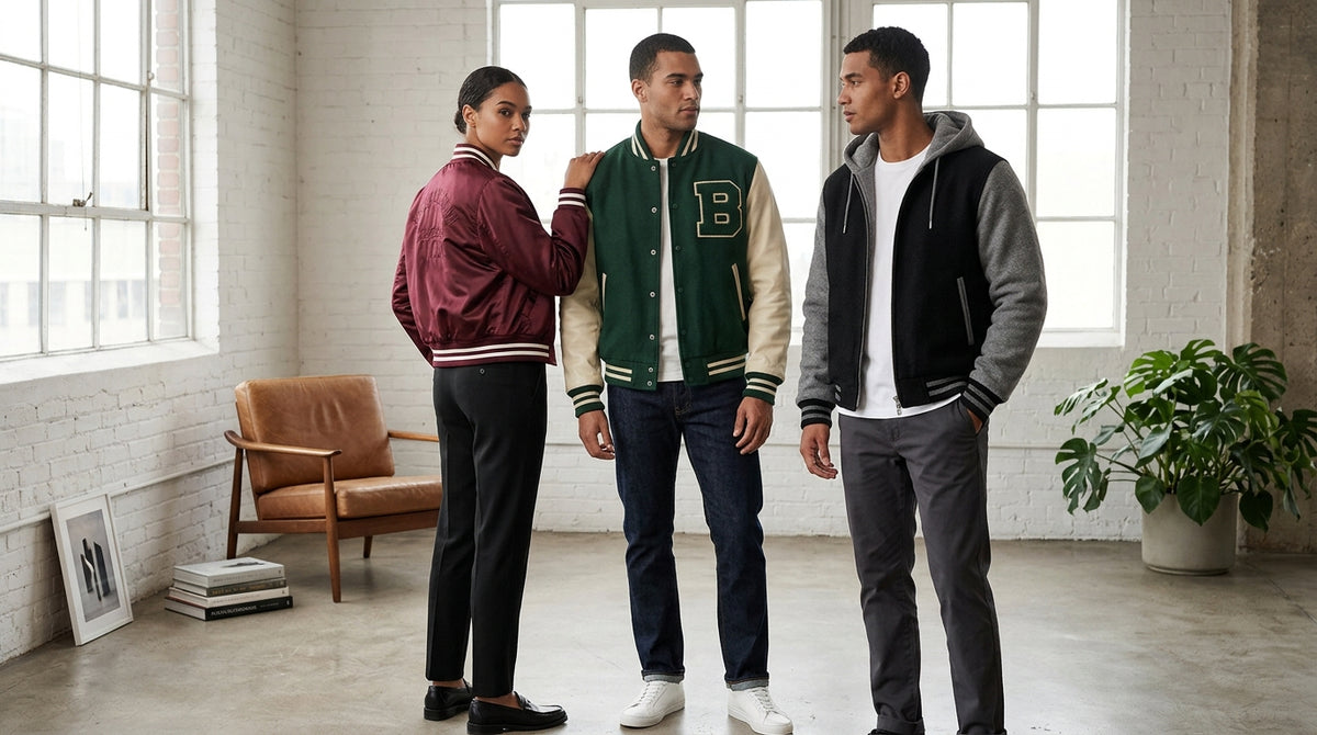 Three models pose in a minimalist studio wearing three distinct varsity jacket styles — a satin bomber, a wool and leather letterman, and a fleece varsity hoodie.